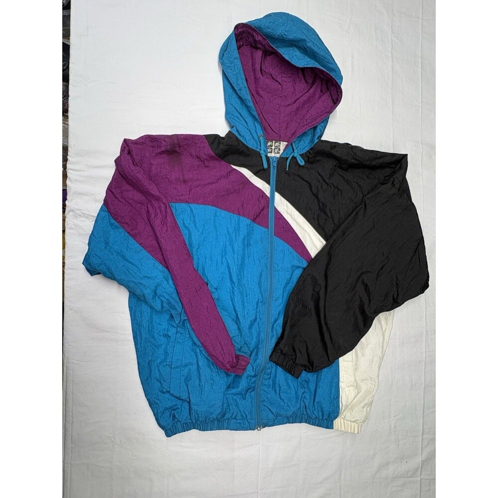 Vintage 90s Active Wear Colorblock Windbreaker Jacket Hooded Nylon Men's L